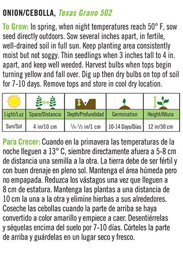 'Texas Grano 502' Onion/Cebolla - Spanish/English